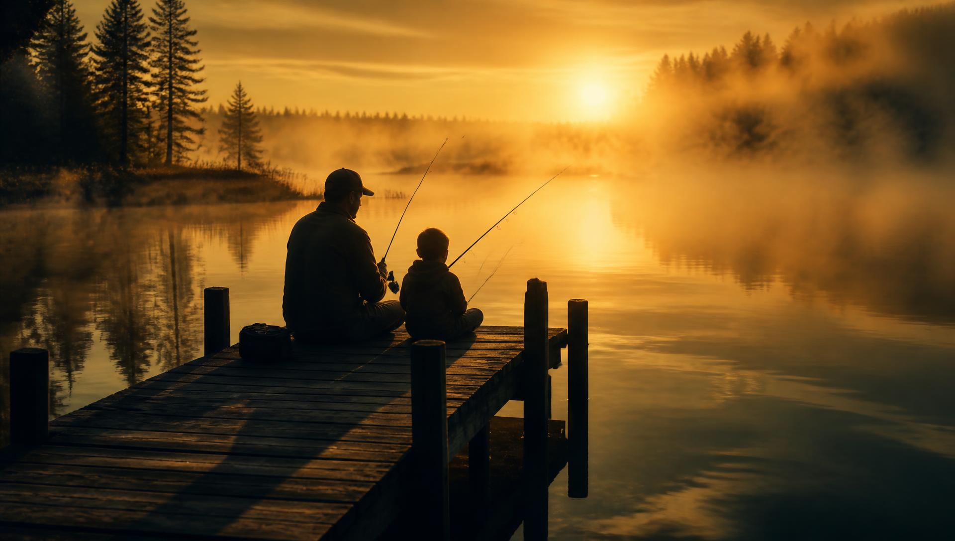 Pai e filho pescando em um píer ao amanhecer